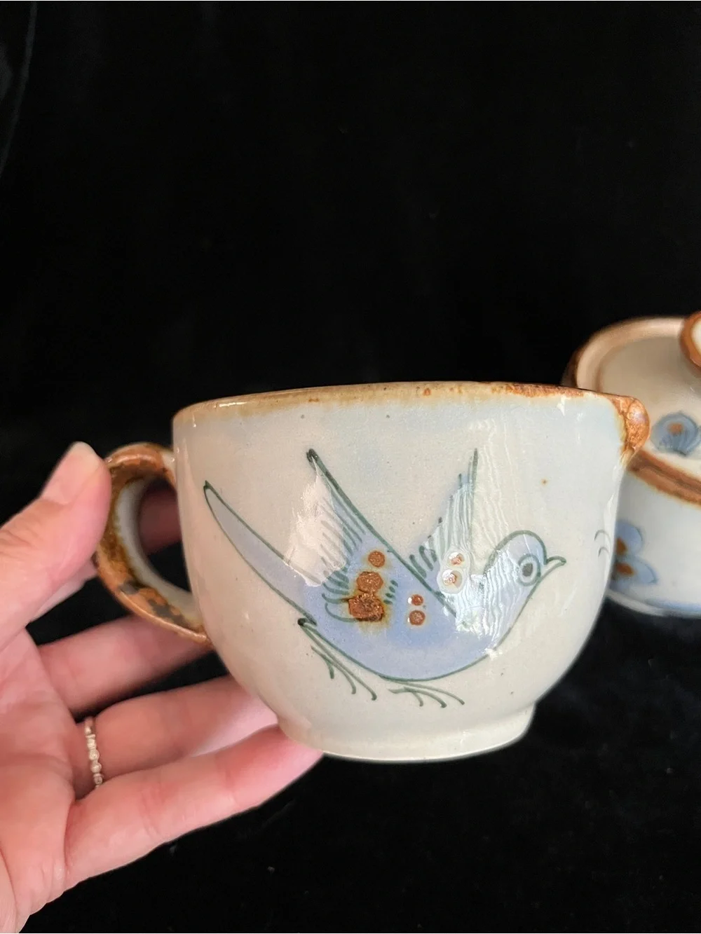 Ken Edward’s El Palomar Tonala Mexico Pottery Bird Flower Creamer & Sugar Set